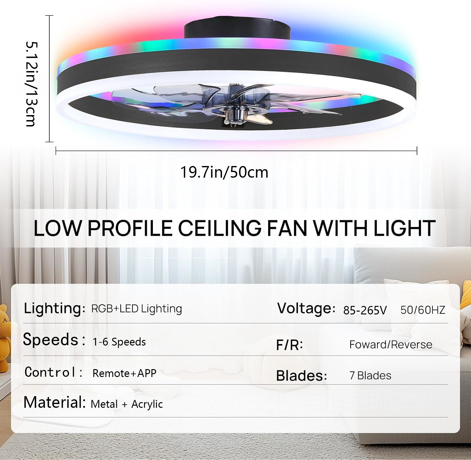 Smart Ceiling Fan - RGB Smart Ceiling Fan Light 6-speed